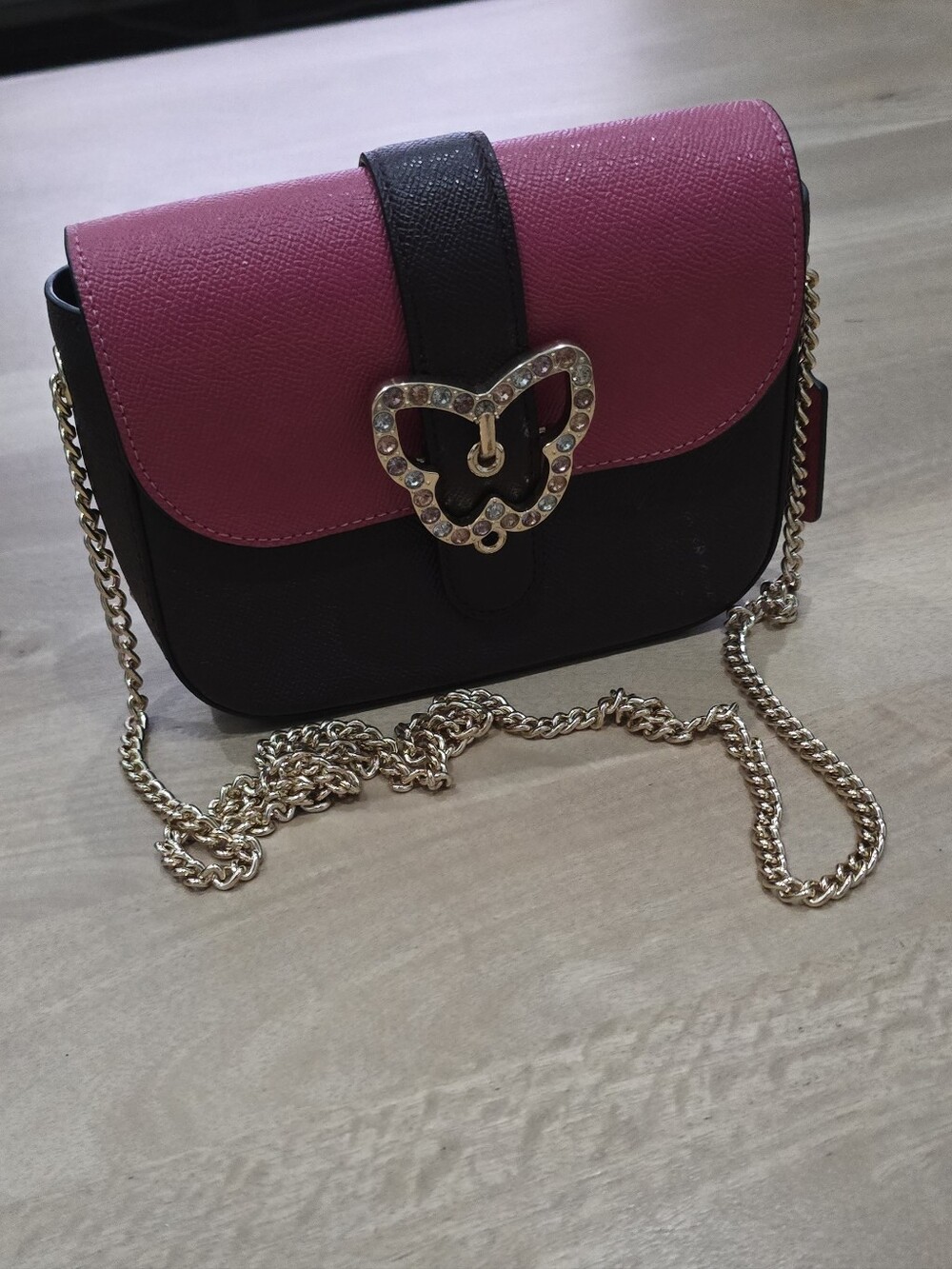 Coach Pink and Black Crossbody with Gold Chain and Butterfly Accent